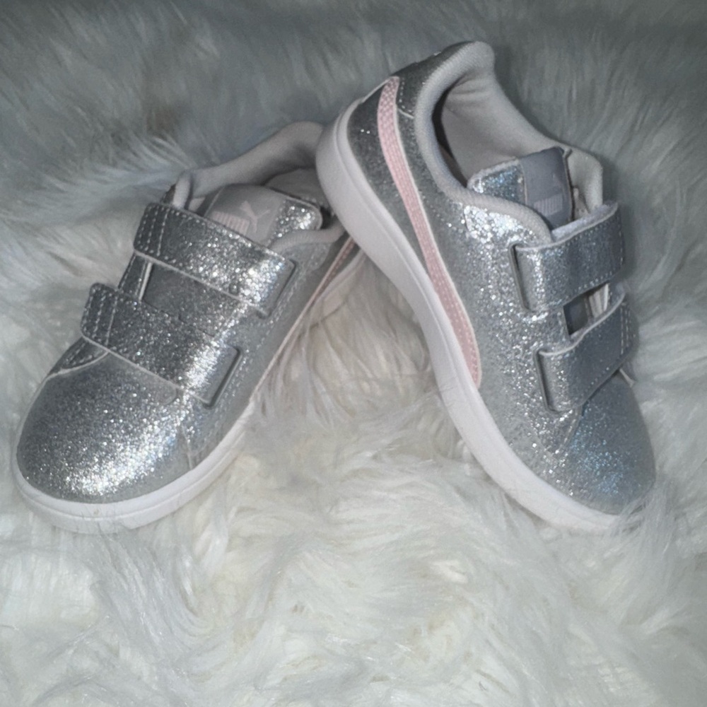Puma Kids Silver Glitter Sneakers with Pink Stripe